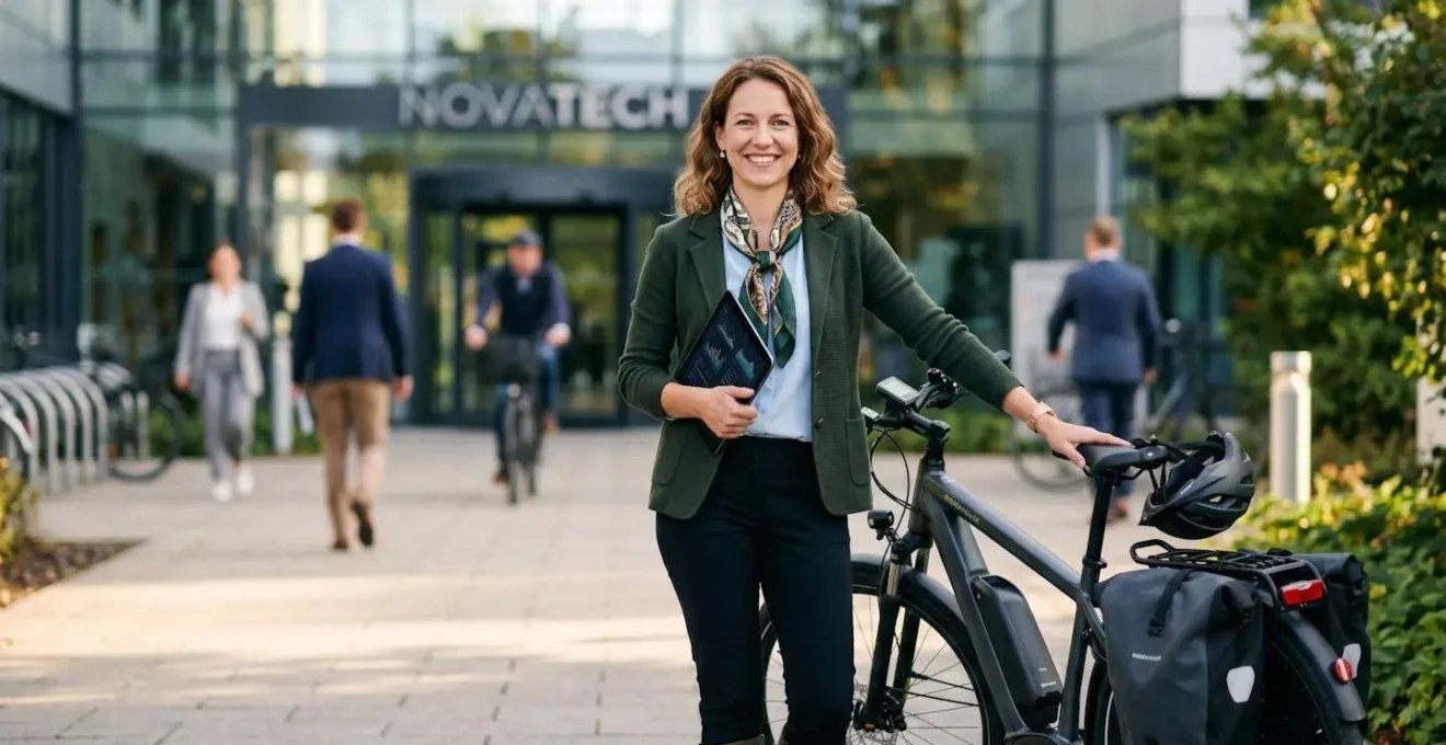 Employé avec calculatrice et vélo électrique devant immeuble de bureaux