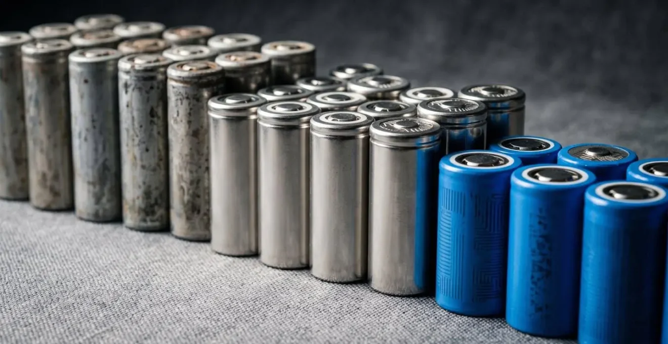 Comparaison visuelle de cellules lithium-ion de différentes générations illustrant l'évolution de la densité énergétique.
