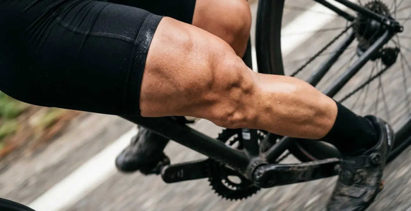 Gros plan sur les jambes d'un cycliste pédalant, montrant la différence de tension musculaire