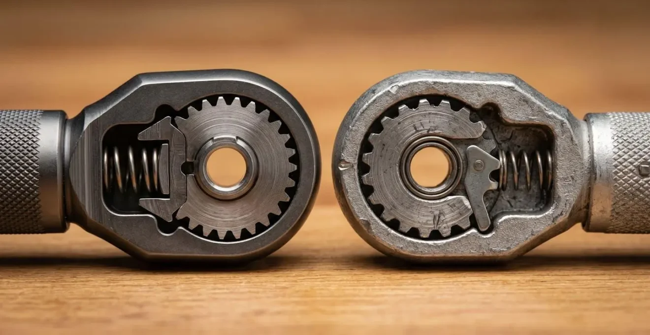 Gros plan sur deux clés dynamométriques de qualité différente posées sur un établi d'atelier vélo