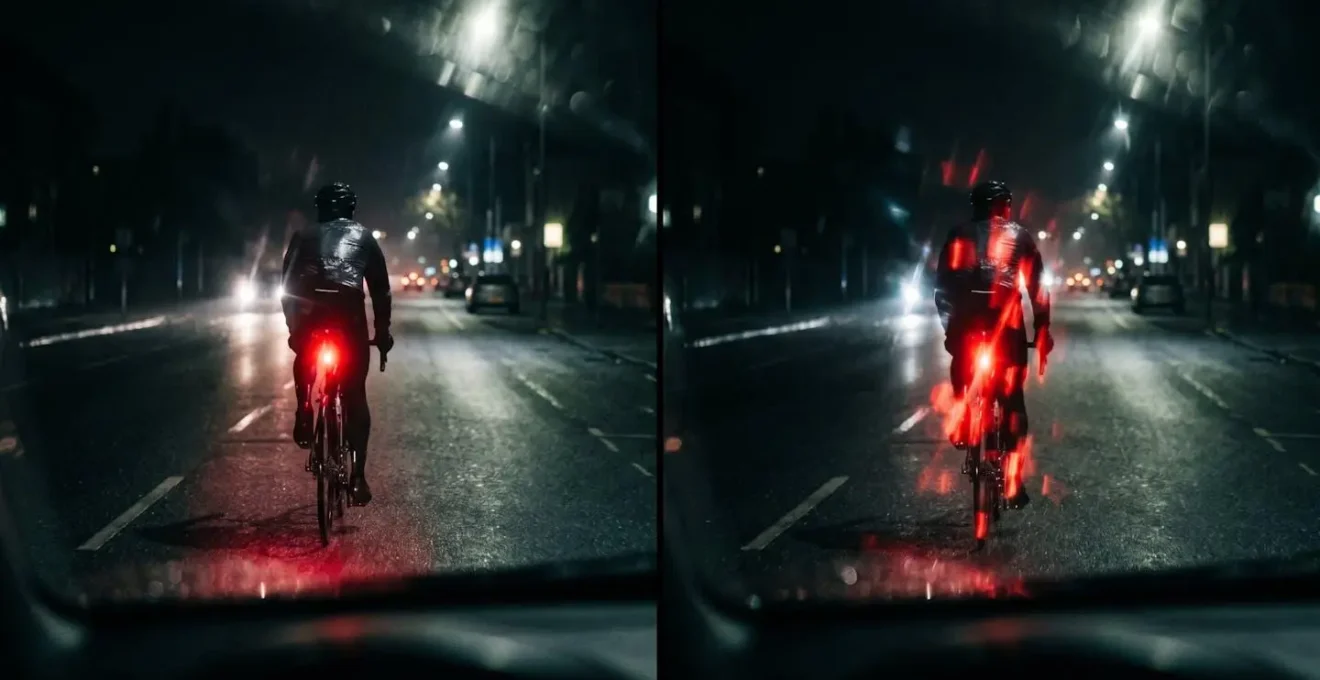 Comparaison visuelle de la perception d'un feu fixe versus clignotant par un automobiliste