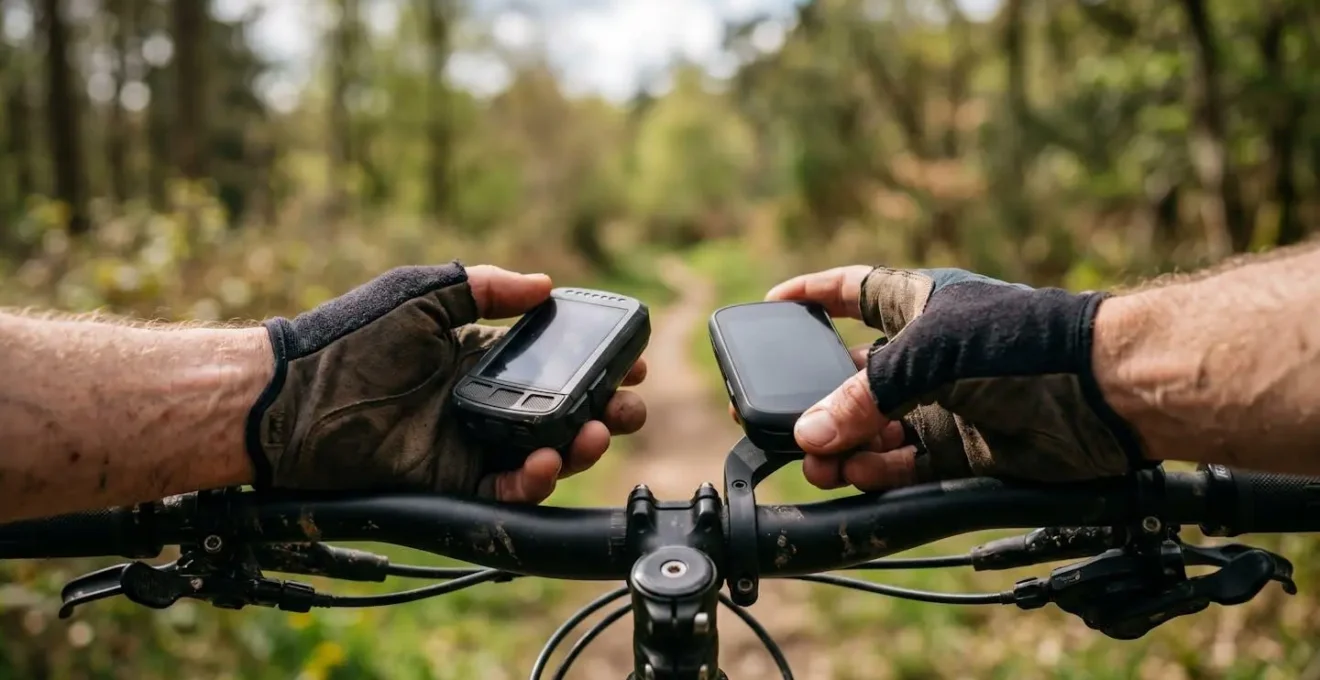 Deux compteurs GPS vélo côte à côte montrant différentes philosophies d'interface