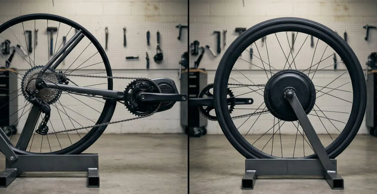 Schéma montrant les forces sur la chaîne avec moteur central versus moteur roue
