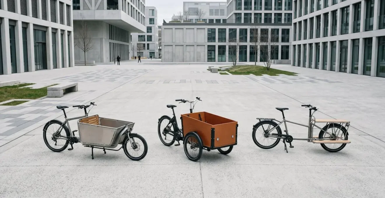 Trois types de vélos cargo alignés dans un environnement urbain moderne