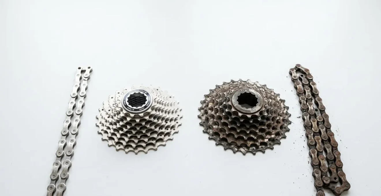 Comparaison côte à côte d'une chaîne de vélo neuve et d'une chaîne usée avec cassette endommagée
