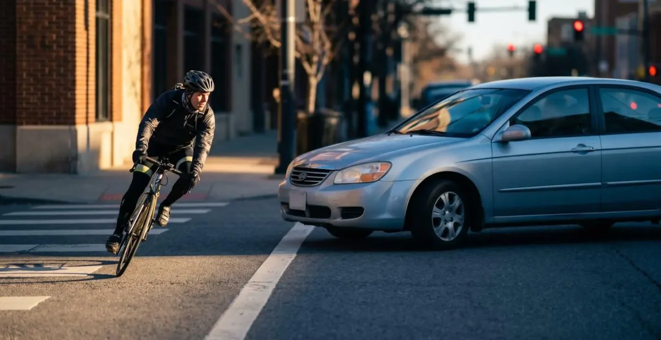 Cycliste maintenant une trajectoire sécurisée face à une voiture tournant sans clignotant