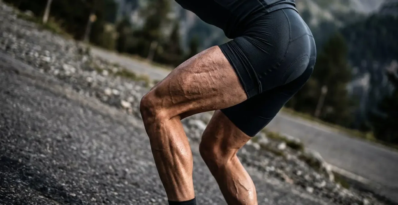 Vue latérale d'un cycliste en danseuse montrant l'engagement musculaire et la position du corps