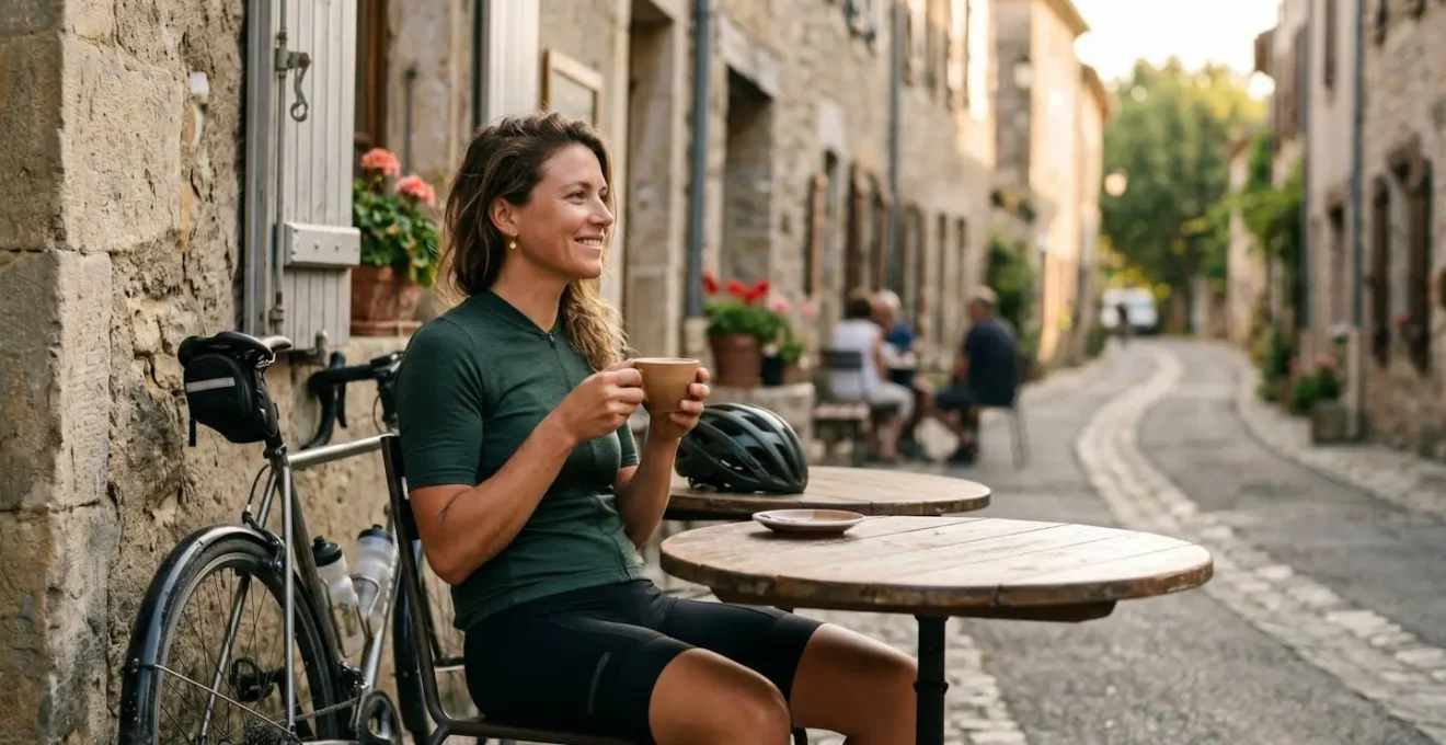 Cycliste faisant une pause devant un café de village pittoresque