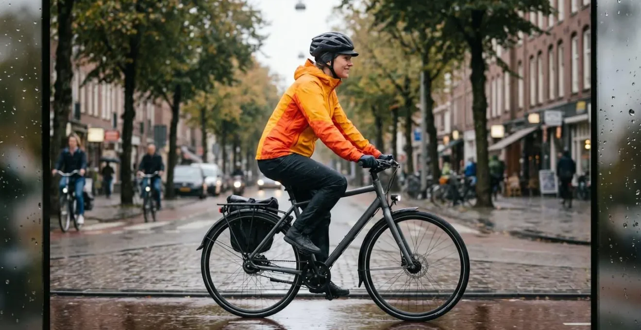 Cycliste urbain équipé sous une pluie fine avec vêtements techniques colorés