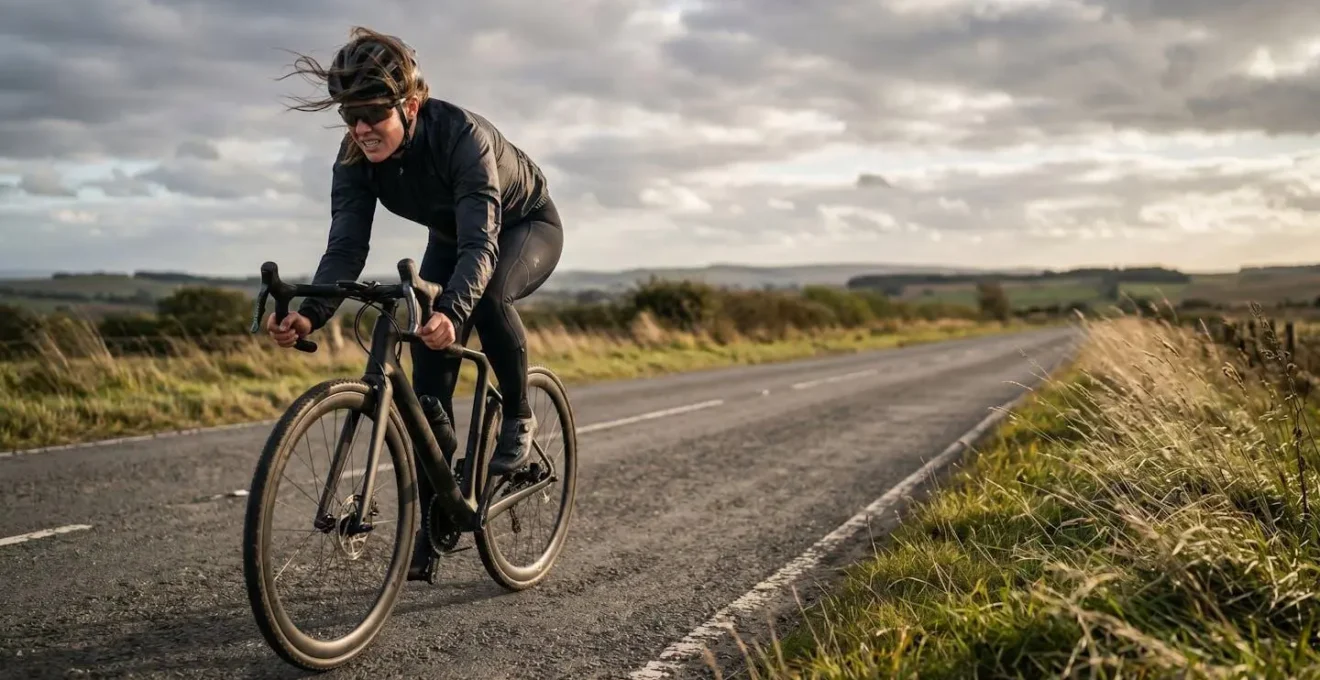 Cycliste luttant contre le vent latéral sur une route de campagne exposée