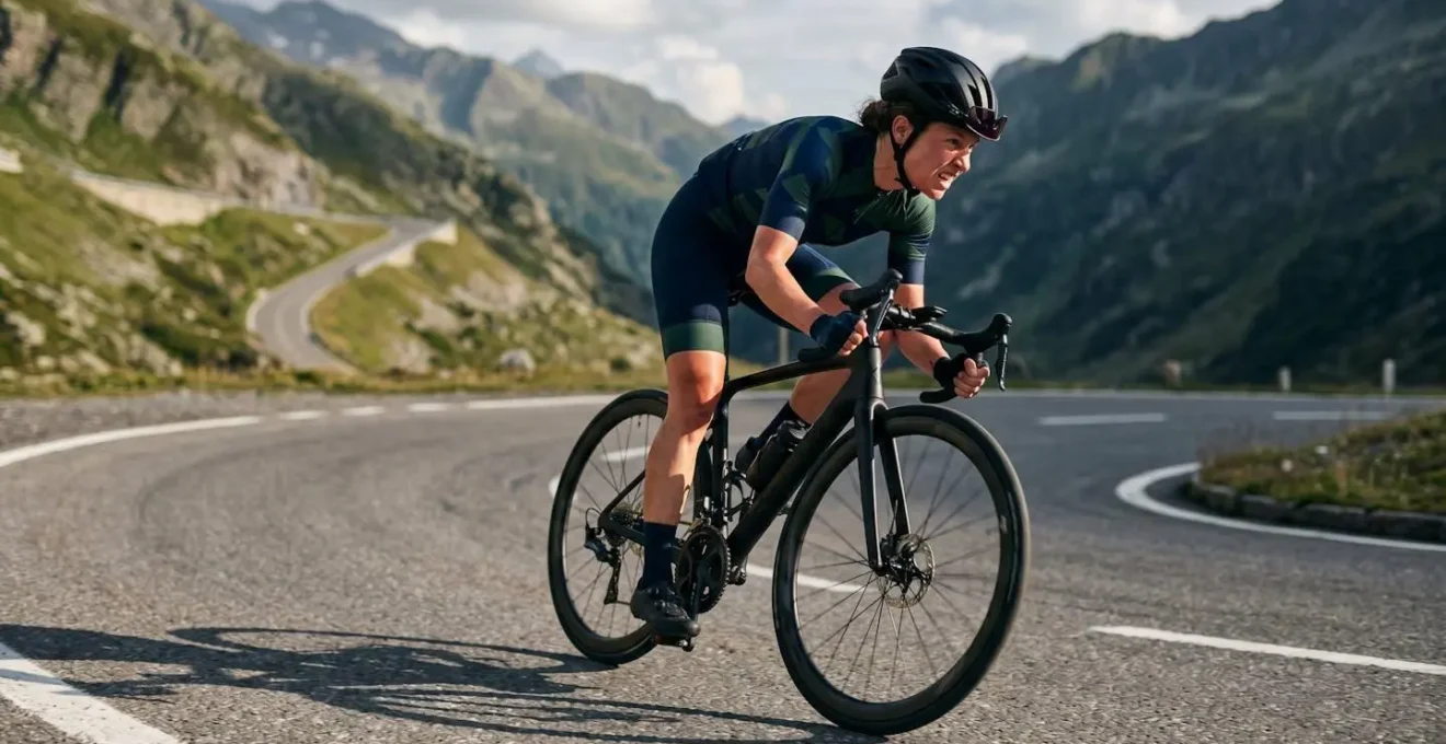 Cycliste négociant un virage en épingle dans une montée, focus sur le prochain tournant visible