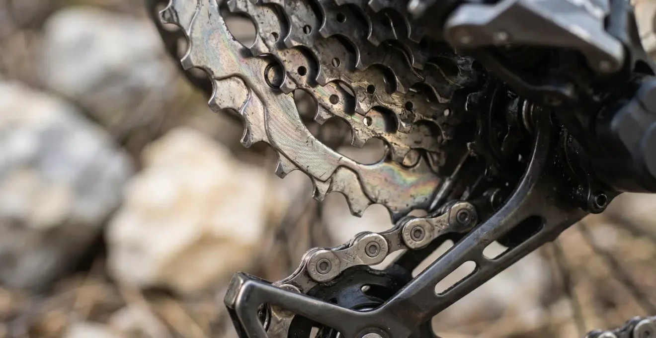 Gros plan sur cassette et dérailleur de vélo en position grand pignon
