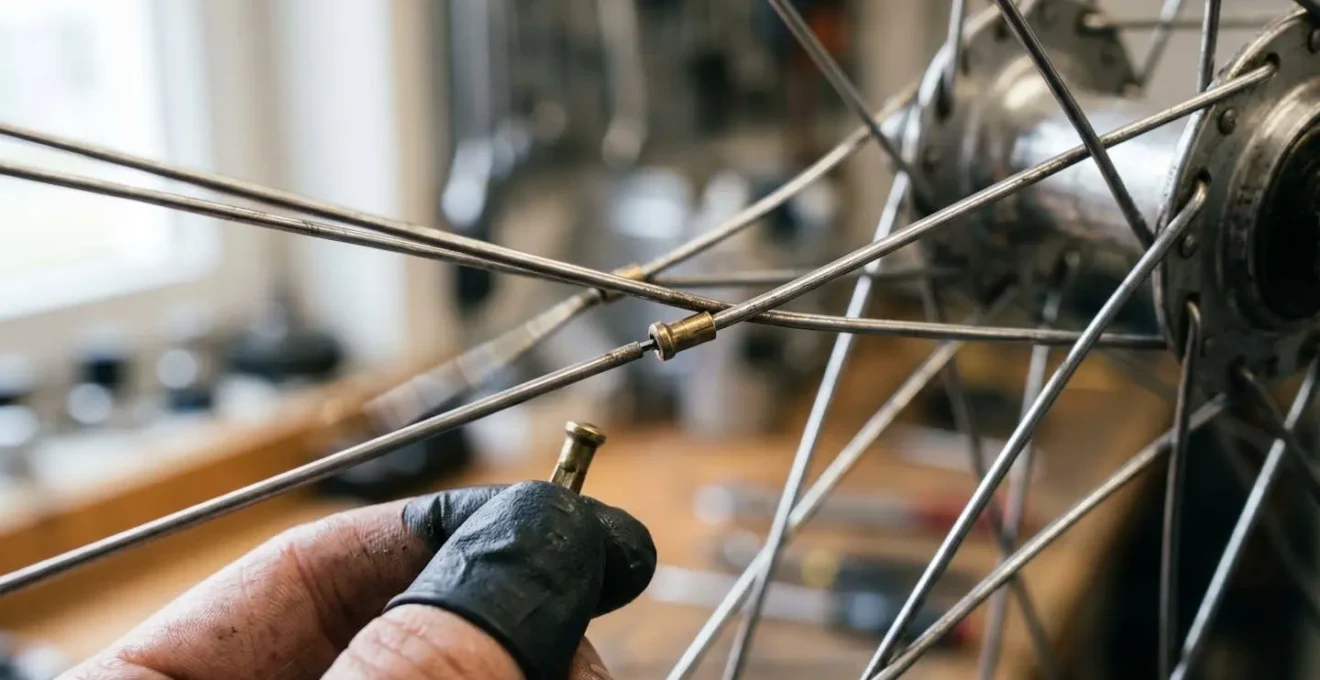 Vue macro des rayons d'une roue de vélo avec détails des tensions et zones de diagnostic sonore