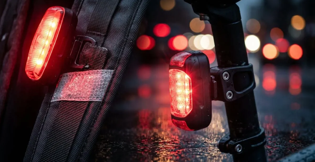 Configuration d'éclairage arrière multi-niveaux sur un cycliste en milieu urbain nocturne