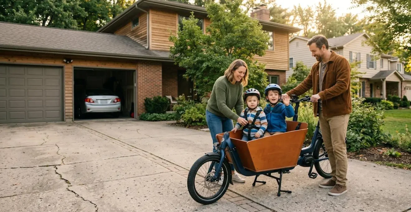 Famille souriante avec vélo cargo électrique devant leur maison
