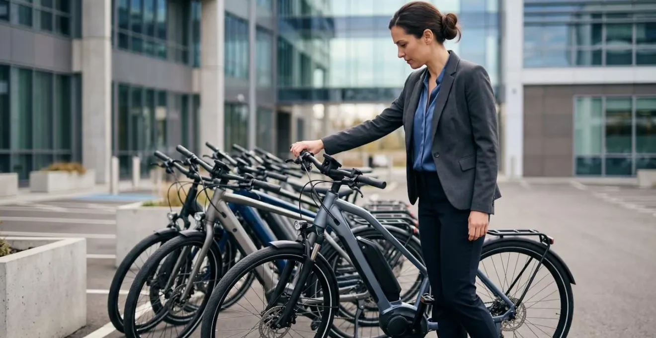 Rangée de vélos électriques d'entreprise stationnés dans un parking professionnel