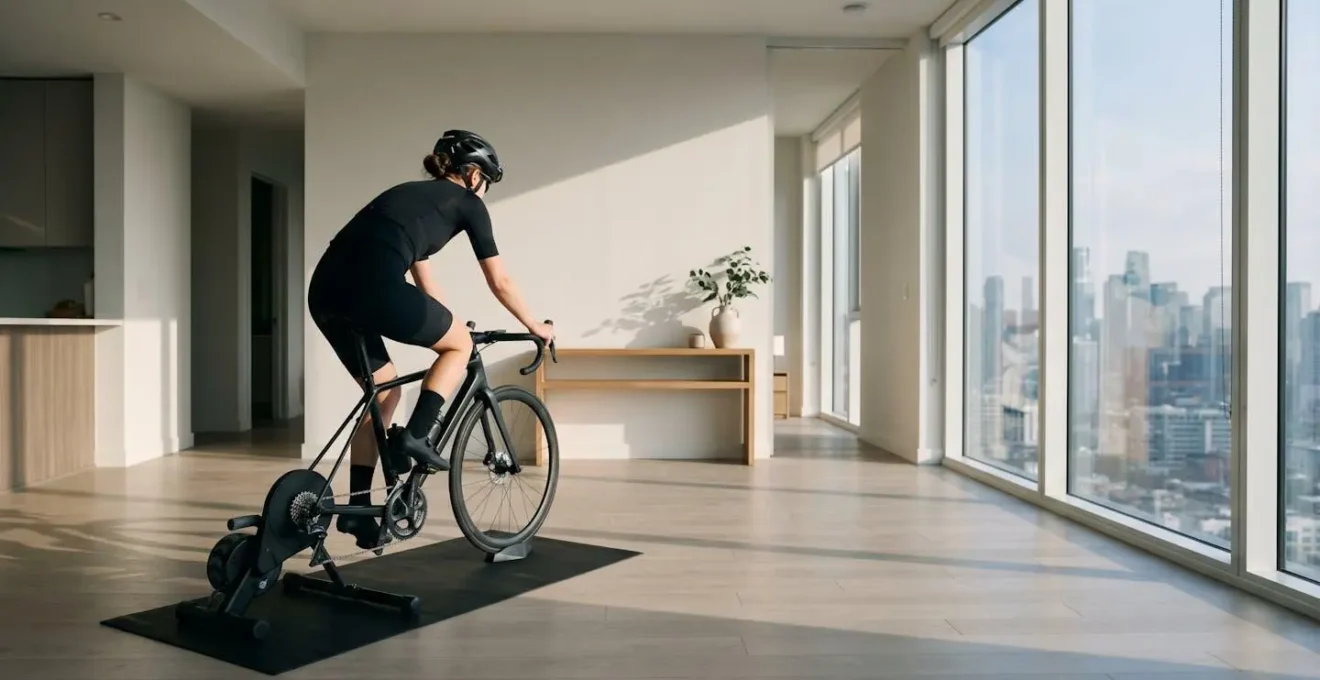 Configuration d'entraînement sur home-trainer dans un appartement avec vue sur données de performance