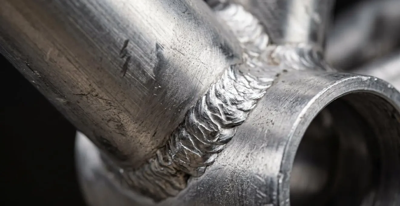 Gros plan macro sur une zone de soudure d'un cadre de vélo en aluminium montrant les points de stress