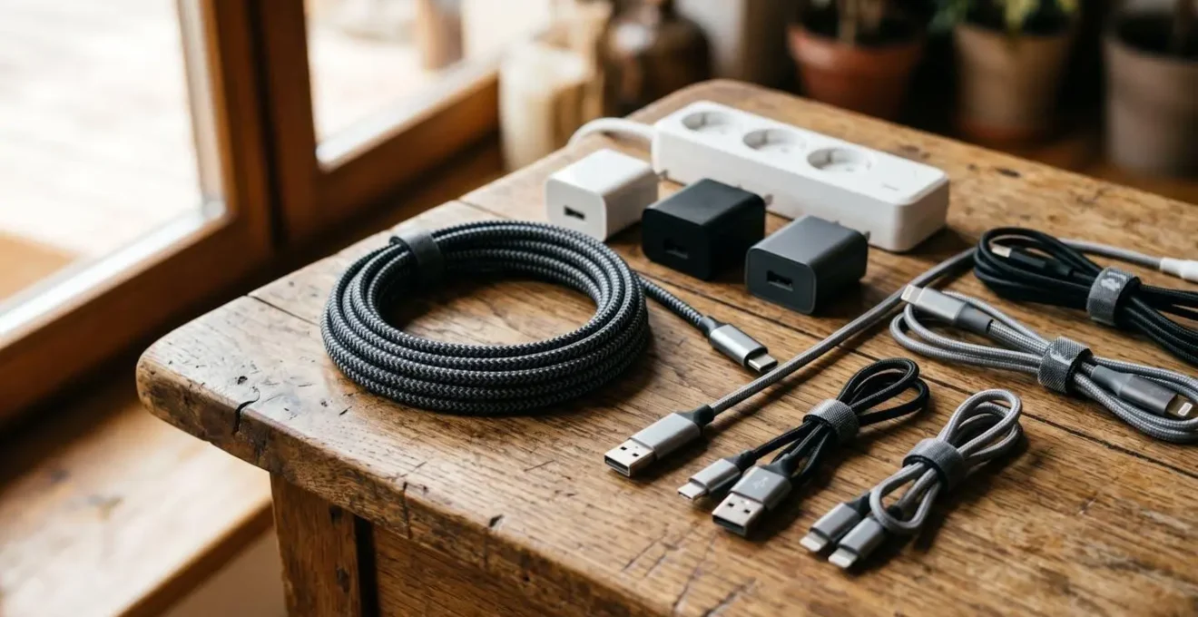 Gros plan sur un kit de recharge compact avec rallonge et adaptateurs pour vélo électrique