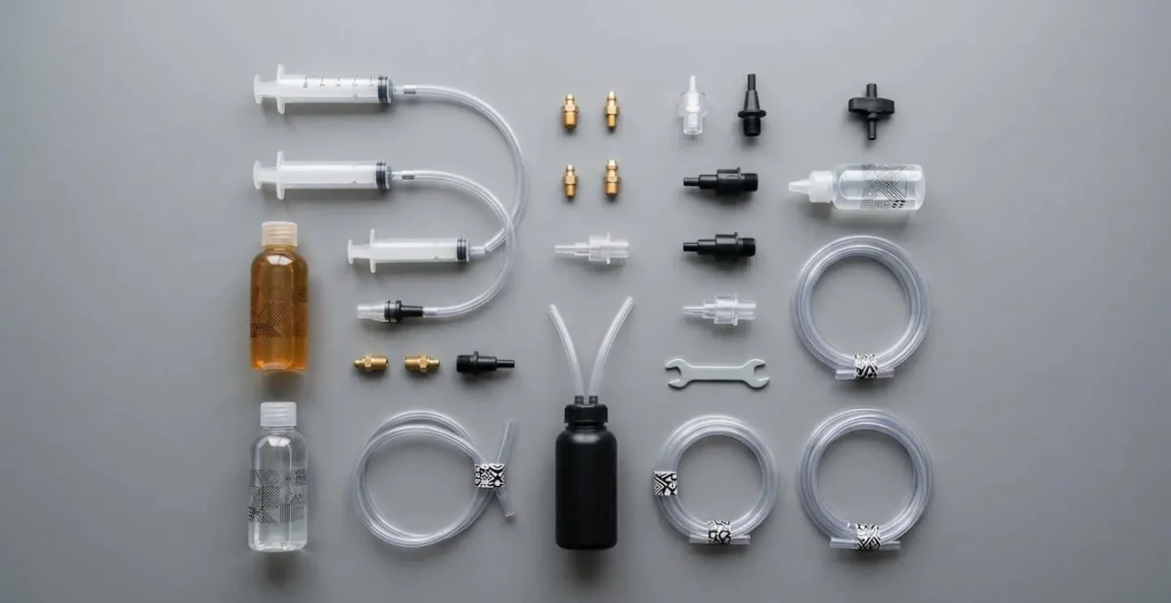 Kit de purge professionnel avec seringues, adaptateurs et liquide de frein disposés sur établi