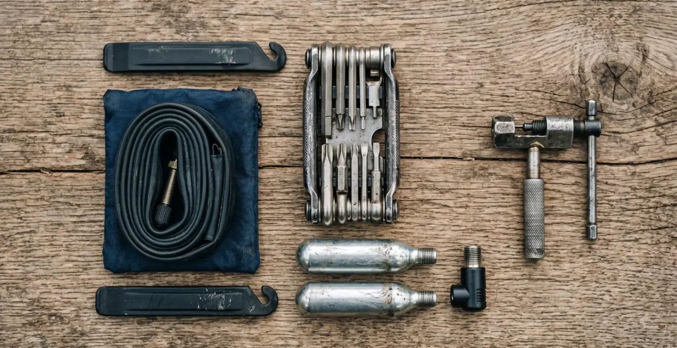 Kit de réparation vélo étalé sur le sol avec outils essentiels