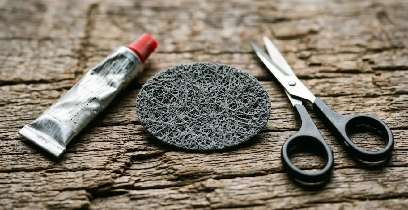 Kit compact de réparation pour veste technique disposé sur une surface naturelle
