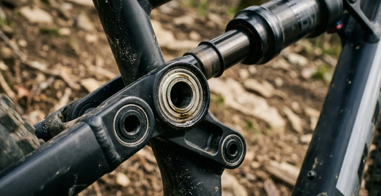 Vue détaillée du système de suspension arrière VTT en action lors d'une montée