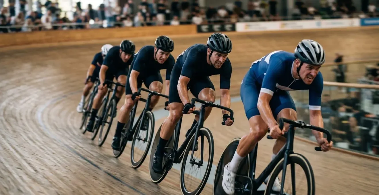 Peloton de cyclistes sur piste roulant en formation serrée, illustrant la synchronisation parfaite des mouvements