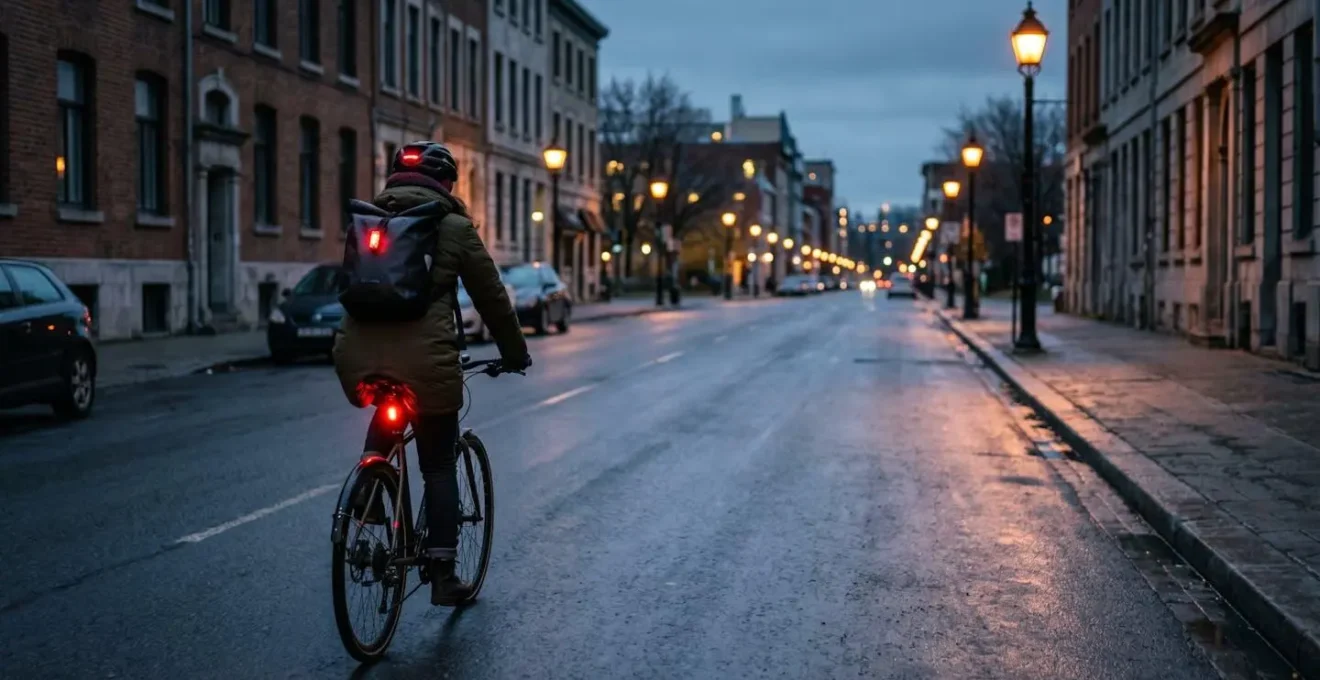 Vue arrière d'un cycliste montrant le placement stratégique de plusieurs feux rouges à différentes hauteurs