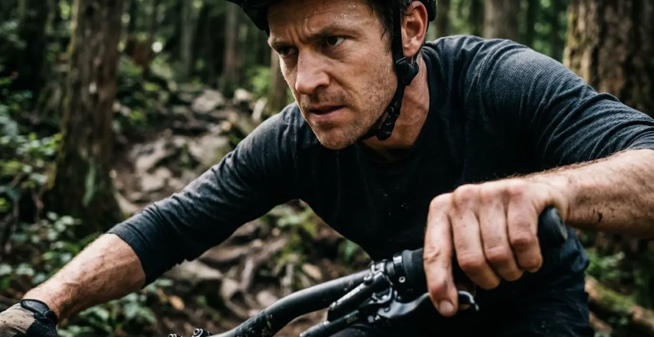 Position de freinage en descente technique montrant le transfert de poids vers l'arrière pour compenser la force du frein avant.