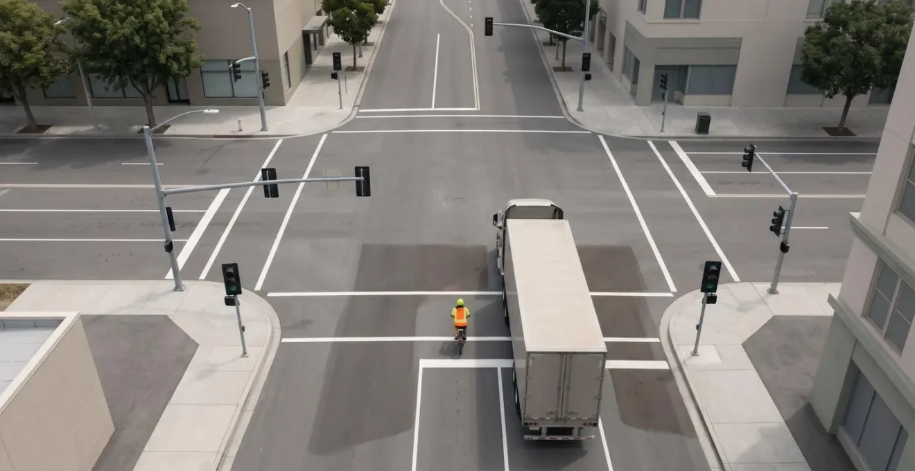Vue aérienne montrant le positionnement sécuritaire d'un cycliste devant un camion au feu rouge