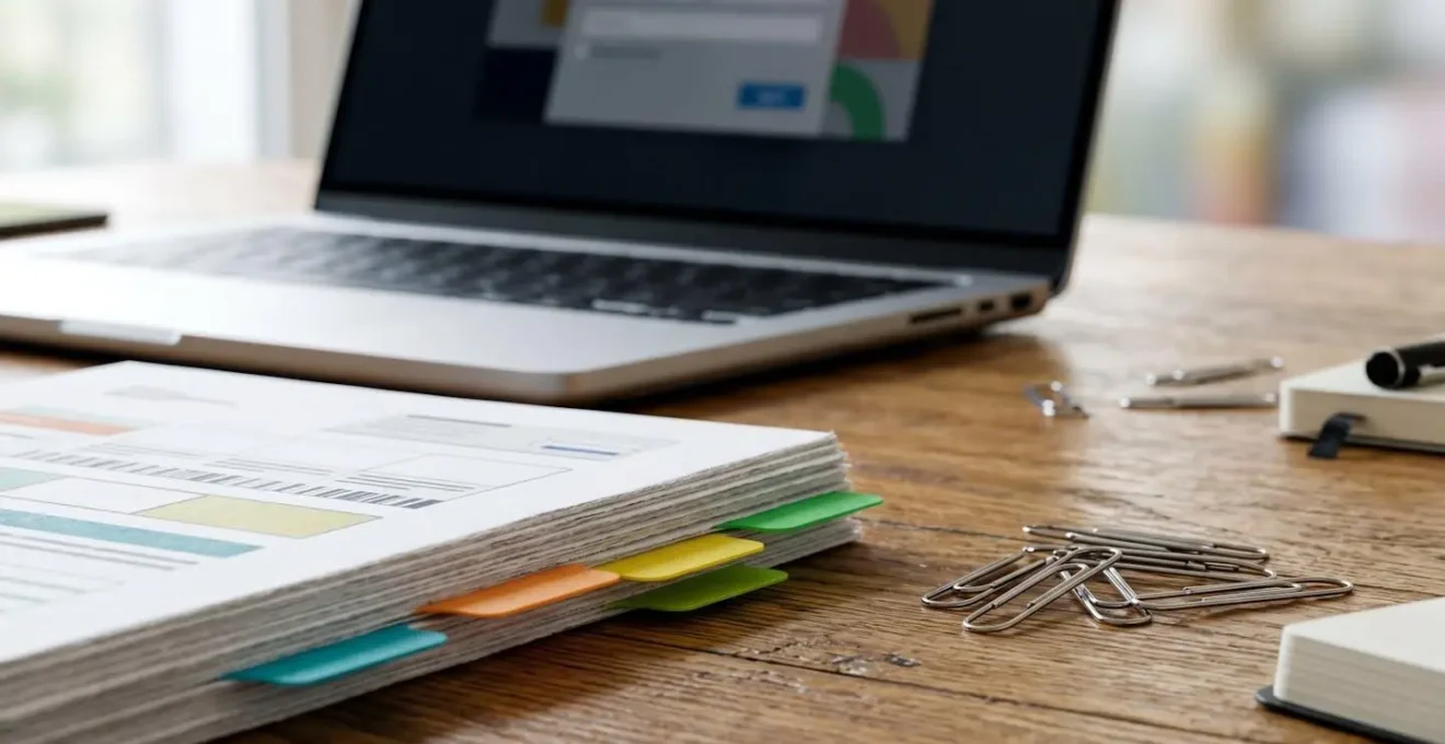 Bureau organisé avec documents administratifs et ordinateur portable montrant formulaire