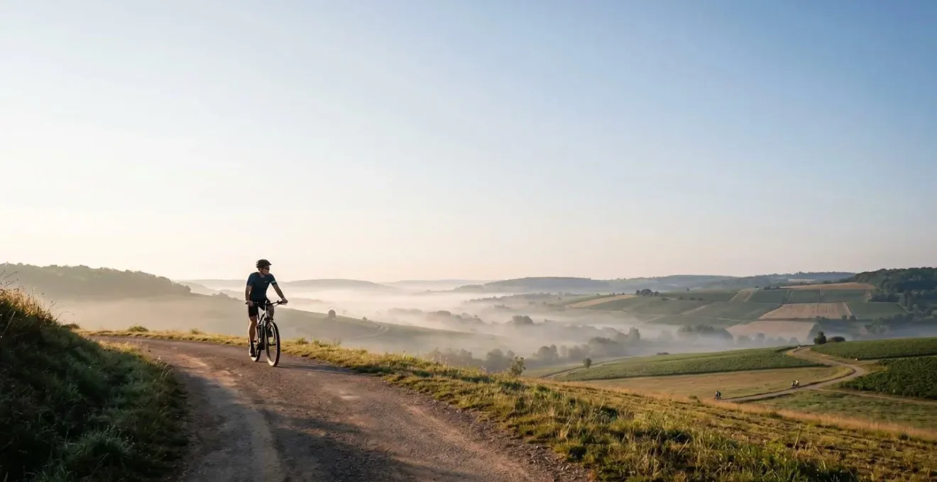 Cycliste senior sur VAE dans un paysage vallonné français montrant une progression sereine