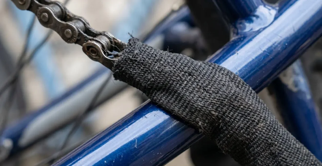Gaine de protection textile sur chaîne antivol préservant le cadre du vélo