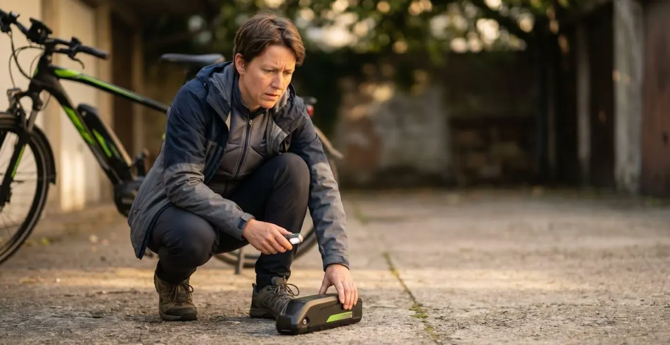 Personne inspectant une batterie de vélo électrique posée sur une surface en béton après une chute