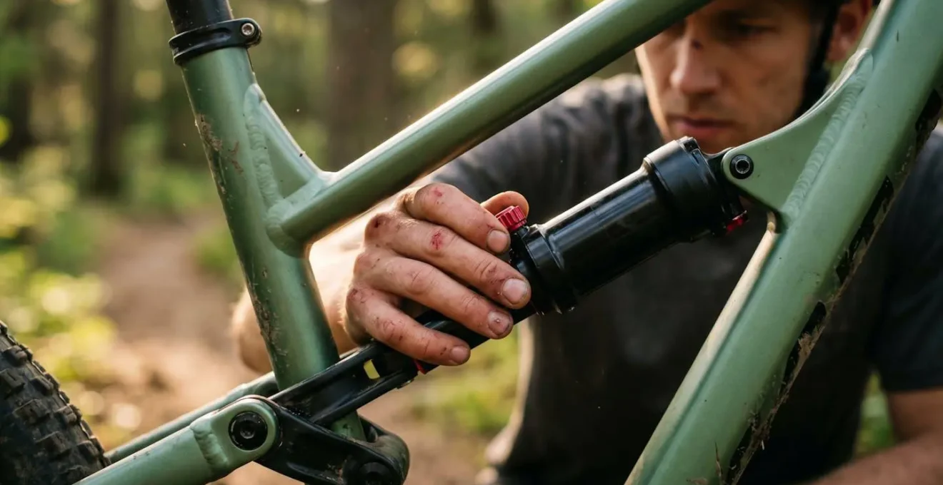 Main ajustant la molette de rebond rouge sur un amortisseur VTT