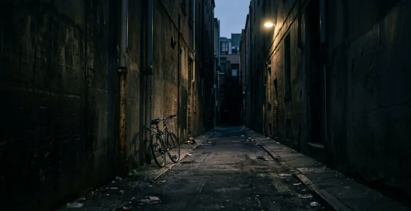 Ruelle urbaine sombre avec vélo isolé attaché, atmosphère menaçante