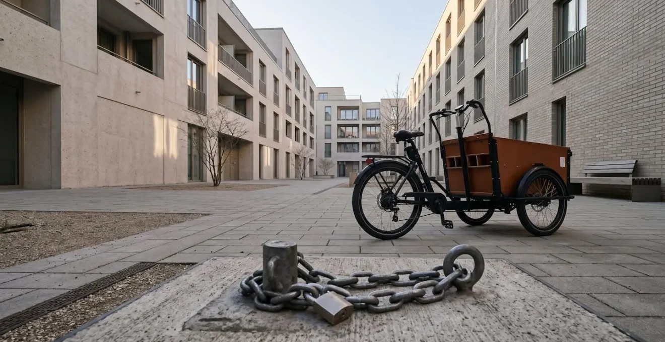 Un vélo cargo sécurisé dans une cour d'immeuble avec système d'ancrage au sol