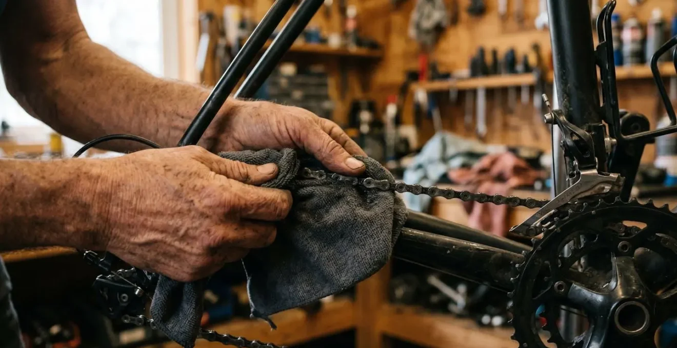 Mains essuyant une chaîne de vélo avec un chiffon microfibre