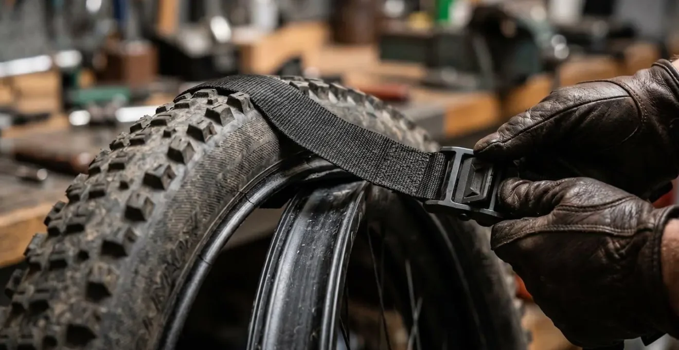 Technique de compression du pneu tubeless avec sangle pour forcer le claquage sur jante