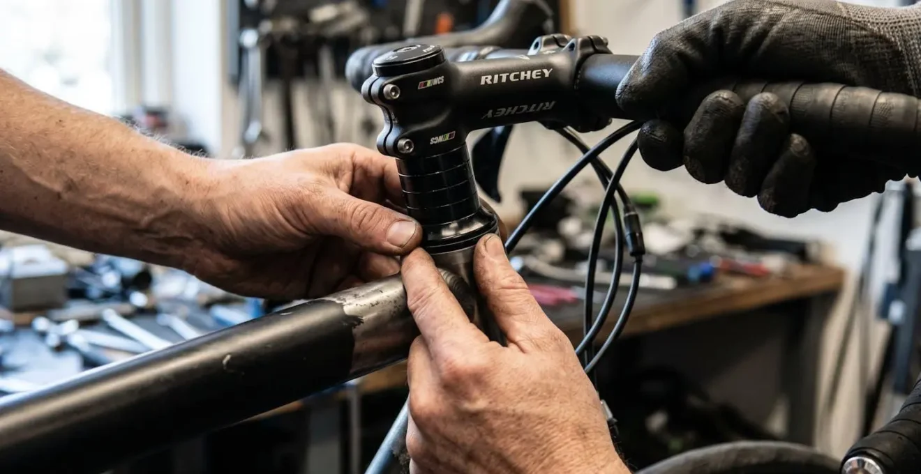 Cycliste effectuant le test du frein avant pour détecter le jeu dans la direction