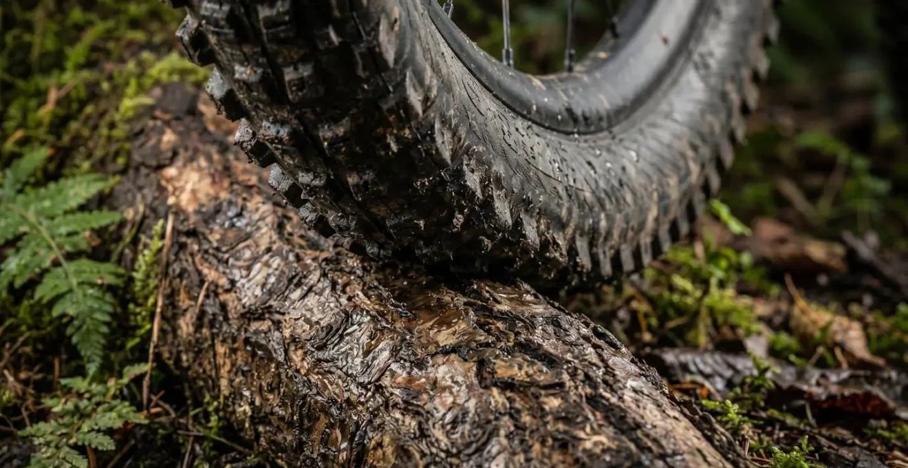 Gros plan macro sur un pneu VTT se déformant sur une racine humide, illustrant le concept de grip mécanique.