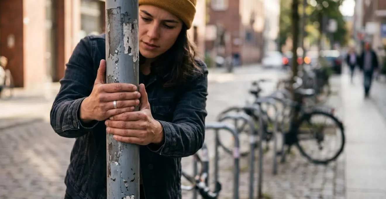Cycliste testant la solidité d'un poteau urbain avant d'attacher son vélo