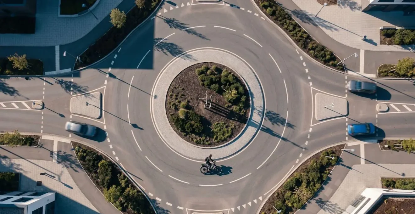 Vue aérienne d'un cycliste VAE suivant la trajectoire idéale dans un rond-point