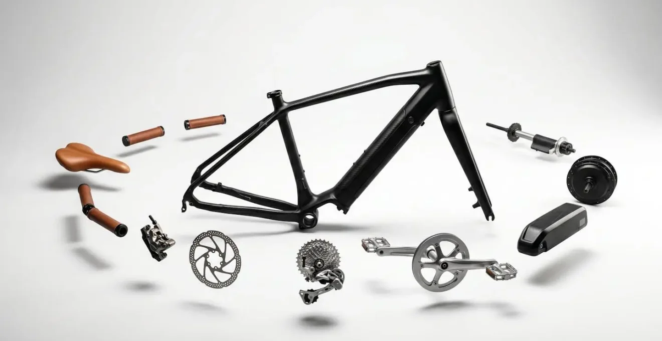 Composition minimaliste montrant un vélo électrique avec différentes pièces détachées en arrière-plan suggérant l'évolution et la réparation