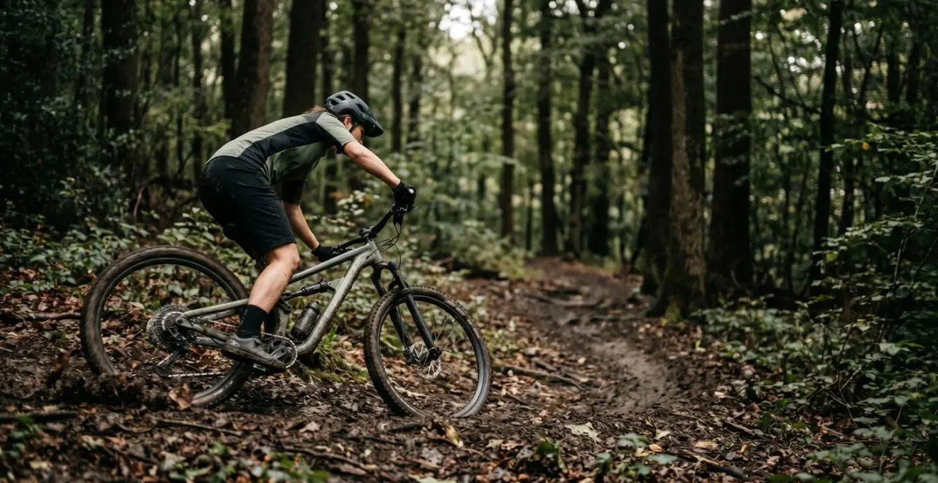 VTT en descente raide montrant le transfert de masse vers l'avant lors du freinage