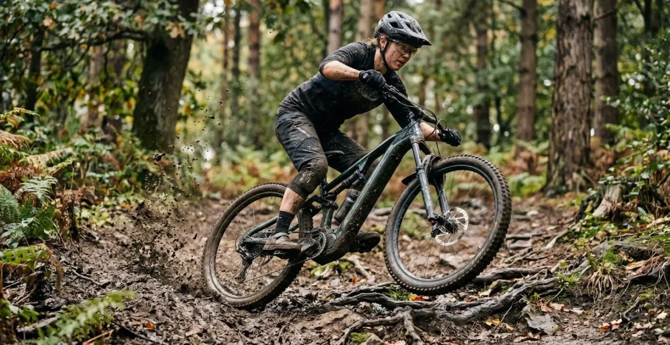VTT électrique traversant un terrain boueux avec projection de terre montrant la traction