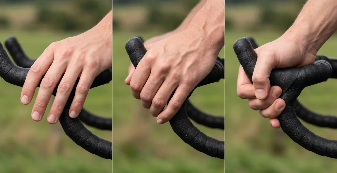 Mains de cycliste changeant de position sur un cintre papillon pour soulager la pression
